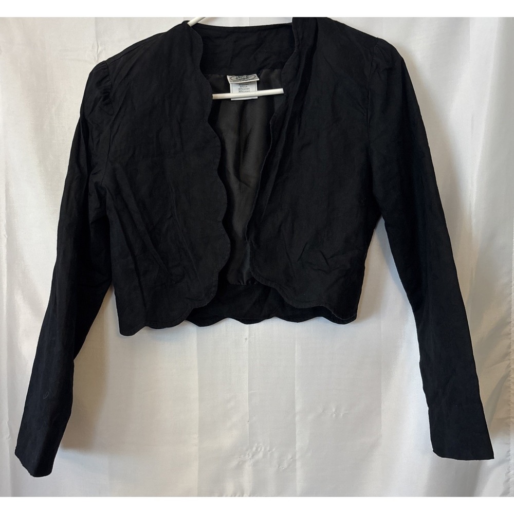 Laura Ashley black cropped Balero jacket L sleeve Linen-cotton Scalloped Edge 8‎